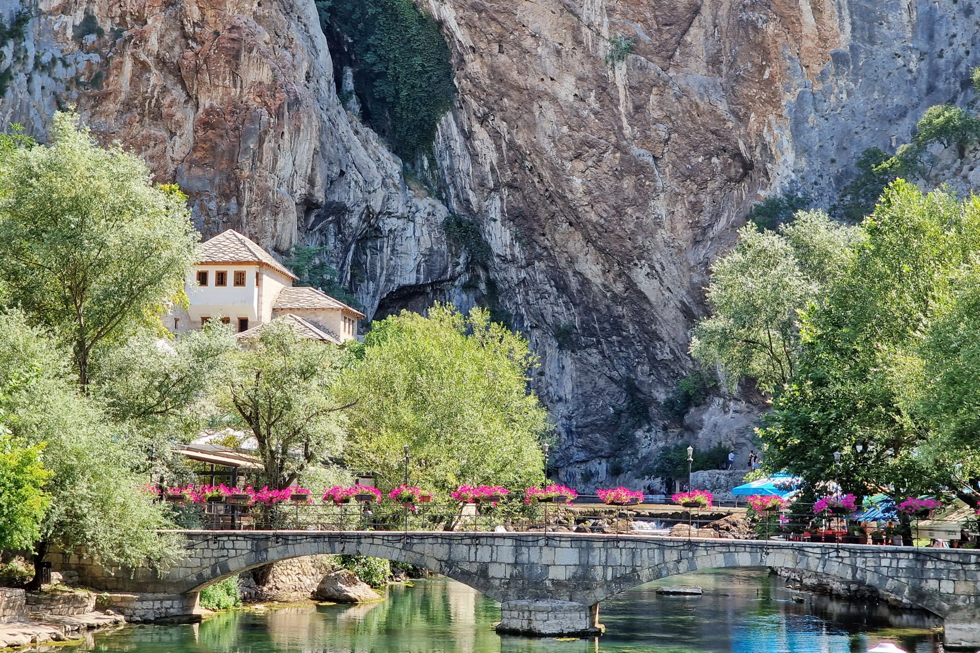 Blagaj Tekke with bridge and flowers